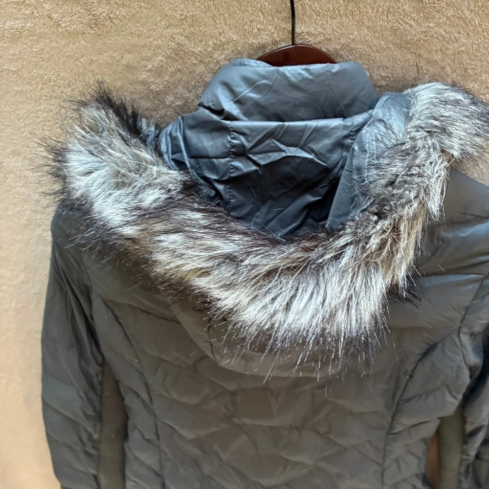 Women's BCBGeneration Down Filled Gray Puffer Jacket with Faux Fur Hood, Size S - Picture 9 of 14